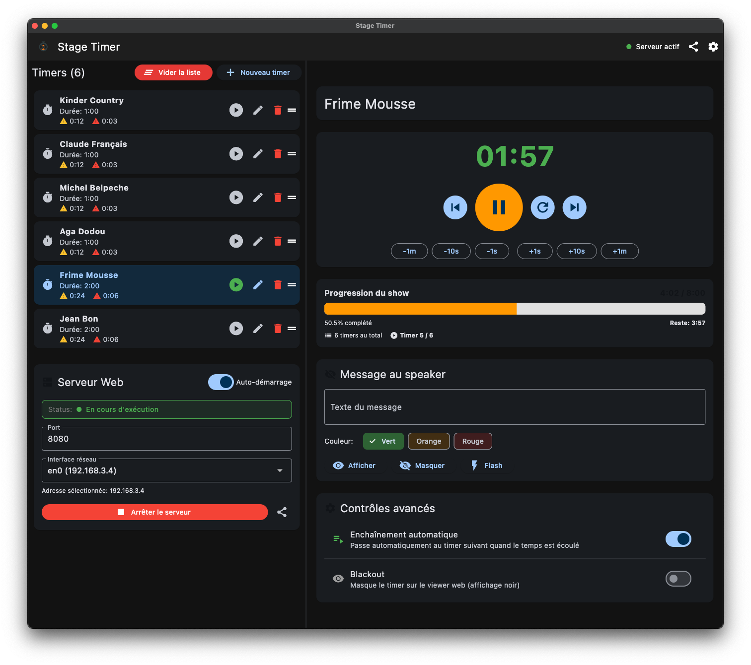 Interface principale Stage Timer